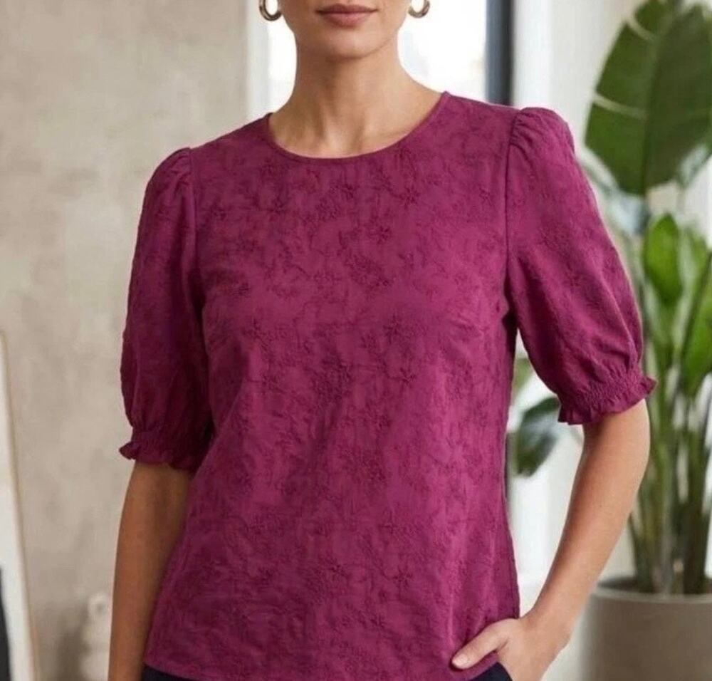 Ted Baker Women's Floral Textured Fuchsia Pink Puff Sleeve Blouse-Size XL